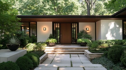 minimal house entrance, walnut door with metal accent, symmetrical wall lamps, modern planter arrangement, lush green plants, raised stone terrace, pristine white walls, wood panel overhang, elegant