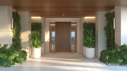 modern doorway composition, linear wooden door design, frosted glass sconces, cylindrical white planters, vertical garden elements, textured patio tiles, pure white exterior, timber ceiling detail,