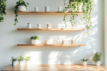 Sunlit cafe shelves display mugs, plants, creating a calm, inviting atmosphere; ideal for menu or website