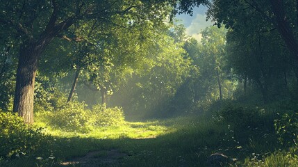Fototapeta premium Sunlit path through a lush, misty forest.