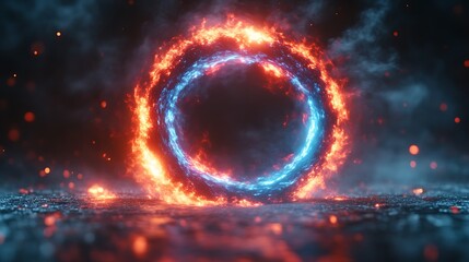 Fototapeta premium Fiery Ring of Blue and Red Flames in Dark Surroundings