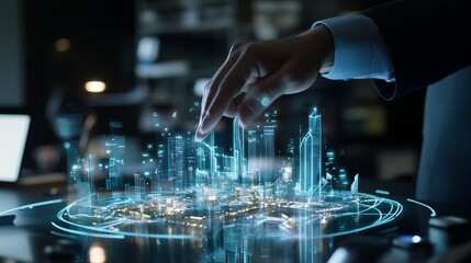 Experienced architect analyzing holographic smart city interface, visualizing urban development through advanced digital technology and futuristic infrastructure projection