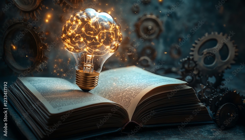 Poster a glowing brainshaped light bulb rising from an open book, surrounded by complex gears, illustrating