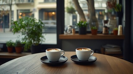 Cozy Café Setting with Two Cups of Coffee on a Wooden Table