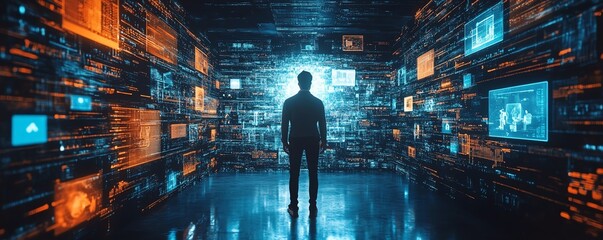 A figure surrounded by interactive digital data and social media platforms, symbolizing technologys power in the modern content creation process