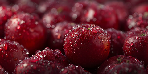 Close-up of dewy, red cherries with a blurred background