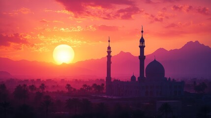 Sunset Mosque Silhouette, Desert Oasis, Prayer
