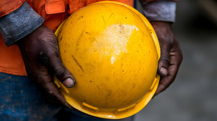 Fototapeta premium Worker holding hard hat, construction site
