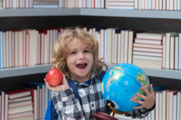Excited pupil. Little student school child. Portrait of nerd student with school supplies.