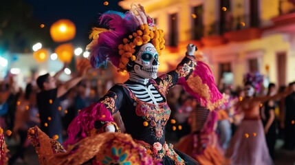 Woman wearing catrina makeup, traditional costume dancing vibrantly during street parade, embodying festive spirit of day of the dead cultural celebration