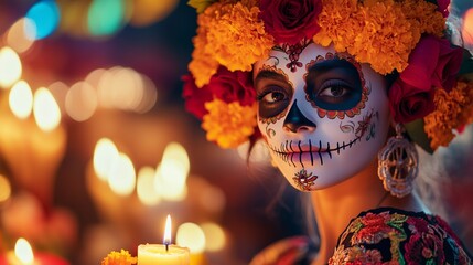 Woman in catrina makeup celebrating dia de los muertos, holding glowing candle with blurred candlelight background