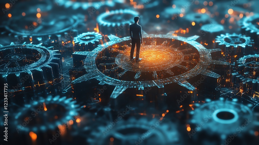 Aufkleber a person standing on interconnected gears, representing productivity, system efficiency, and process