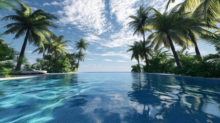 tropical infinity swimming pool, vibrant blue water patterns, mature coconut palms, lush green vegetation, caribbean sky backdrop, tranquil water reflections, seamless horizon line, beachside pool
