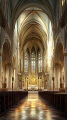 Sunlit cathedral interior, peaceful scene