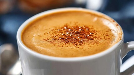 Obraz premium Creamy Coffee with Cinnamon Sprinkle in a White Mug Close Up