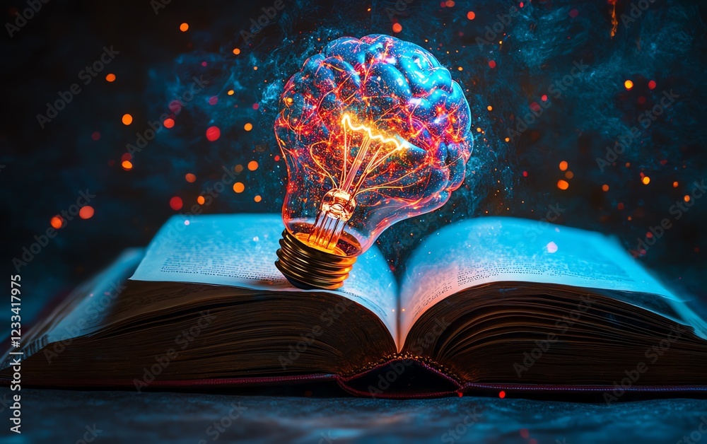 Poster a surreal glowing brainshaped light bulb emerging from an open book, shining with vivid colors, symb