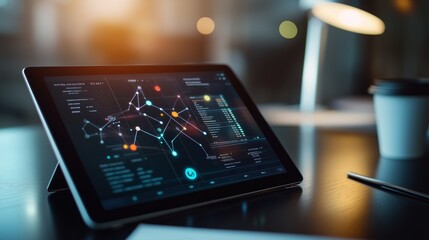 Blockchain ledger glowing on digital tablet, networking data points amid sleek office desktop, modern lamp and steaming coffee nearby