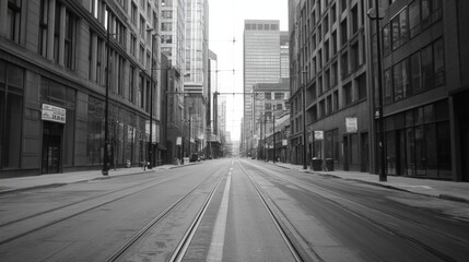 Fototapeta premium Empty urban street in black and white, showcasing modern buildings and tram tracks