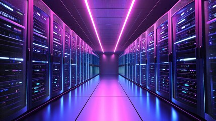Fototapeta premium Futuristic Server Room Neon Lights Data Center Technology