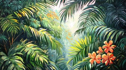 Fototapeta premium Lush tropical jungle scene with vibrant foliage and flowers, sunlight filtering through leaves.
