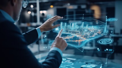 Urban planner working with holographic interface, manipulating 3d smart city model, analyzing infrastructure data in futuristic technological workspace