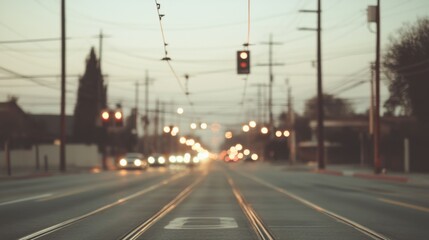 Evening street scene with traffic lights and blurred cars, showcasing urban life at dusk