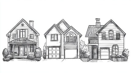 architectural sketch collection, casual building illustrations, varied housing styles, spontaneous drawing technique, simple landscape elements, minimalist architectural details, residential property
