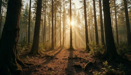 Fototapeta premium Sunlight through the trees in a forest. Concept of peace, tranquility, and nature.