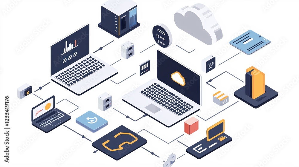Poster modern network technology cloud computing data servers laptop connection internet