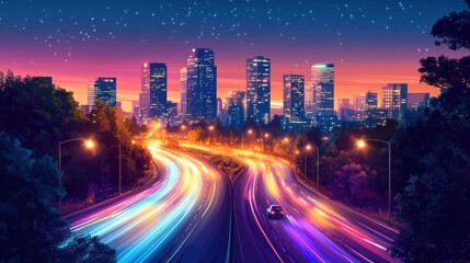 Fototapeta premium Night city highway light trails, sunset, cityscape, driving, advertising
