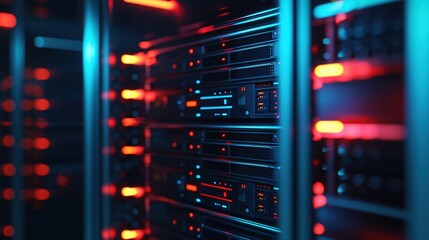 Naklejka premium Illuminated Server Rack Data Center Technology Network