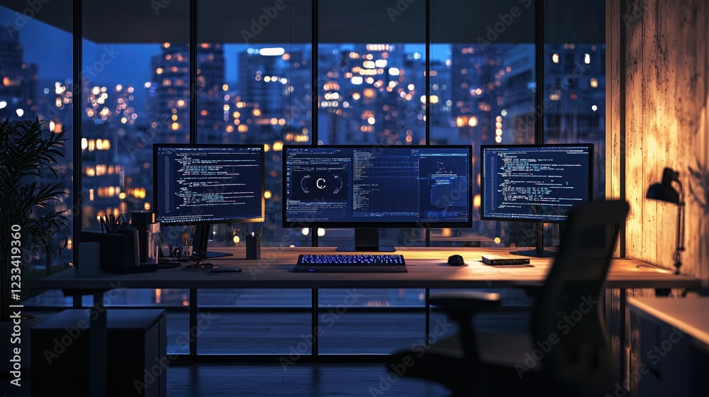 Poster night city programmer workspace modern desk setup three monitors coding