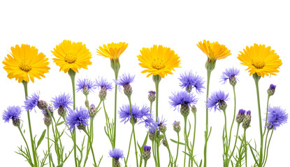 An isolated image of several yellow marigolds and purple cornflowers, with the flowers in full bloom against a white background. The composition should be a horizontal frame featuring a row 