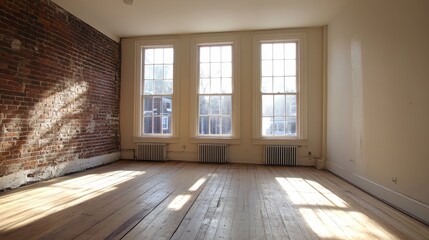 Obraz premium room refurbishment process, historic brick wall, double hung windows, natural wood floors, partial completion view, traditional heating fixtures, renovation workspace, classical architectural