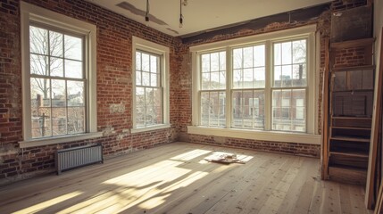 Fototapeta premium room refurbishment process, historic brick wall, double hung windows, natural wood floors, partial completion view, traditional heating fixtures, renovation workspace, classical architectural