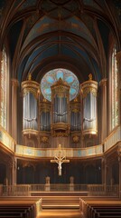Fototapeta premium Ornate church interior with pipe organ