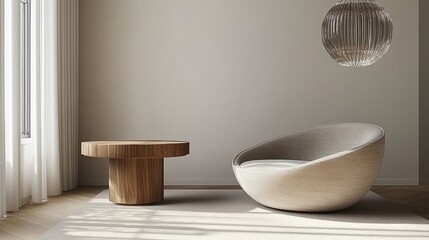 Modern Minimalist Living Room with Cozy Armchair and Wooden Table