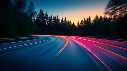 Obraz premium Night Road Curves Through Silhouetted Pine Trees at Sunset