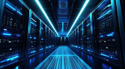 Fototapeta premium Modern Data Center Server Room Technology Blue Lights Network Infrastructure