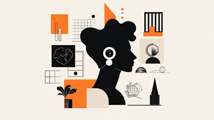Woman's profile amidst abstract urban design elements; data visualization; website header