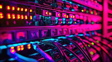 Naklejka premium Vibrant Network Server Room Technology Cables Data Center Infrastructure