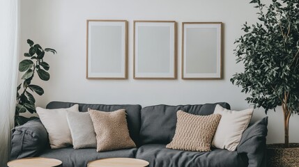 home decoration scene, charcoal fabric couch, empty photo frames, modern wall gallery, round nesting tables, neutral color palette, decorative throw pillows, indoor house plant, casual interior