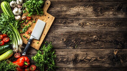 top-down view of a wooden kitchen table with fresh vegetables, a cutting board, and a chef's knife. Copy space on the left. Healthy meal preparations 