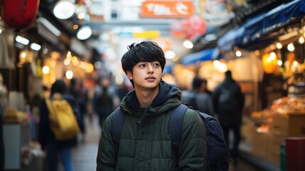 Fototapeta premium Young Man Exploring Vibrant Japanese Market Street