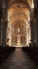 Fototapeta premium Tranquil church interior, sunlit nave