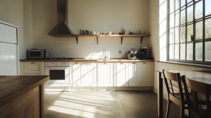 Fototapeta premium Modern kitchen interior with sunlight streaming through large windows, featuring appliances and wooden accents