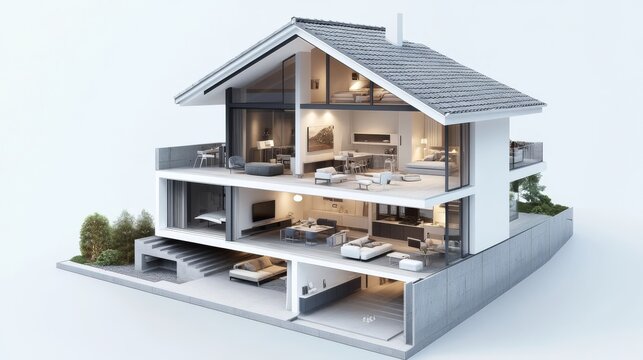 architectural cross section visualization, modern house interior layout, pitched roof design, three level living space, white exterior finish, gray tile roofing, contemporary furniture details,
