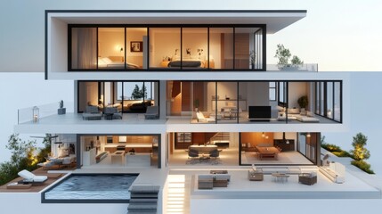 residential cutaway model, contemporary house structure, split level visualization, modern living quarters, minimalist interior design, functional storage basement, white exterior architecture,