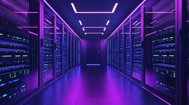 Futuristic Server Room Corridor Neon Lights Technology Data Center