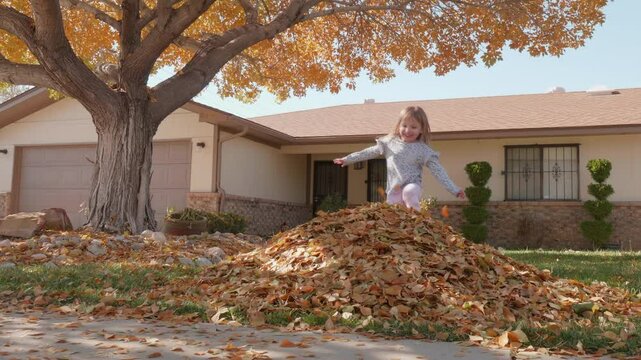 Little Girl Playing in a Leaf Pile